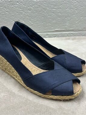 Lauren Ralph Lauren Cecilia Navy Silk Shantung Espadrille Wedges Peep Toe SZ 10